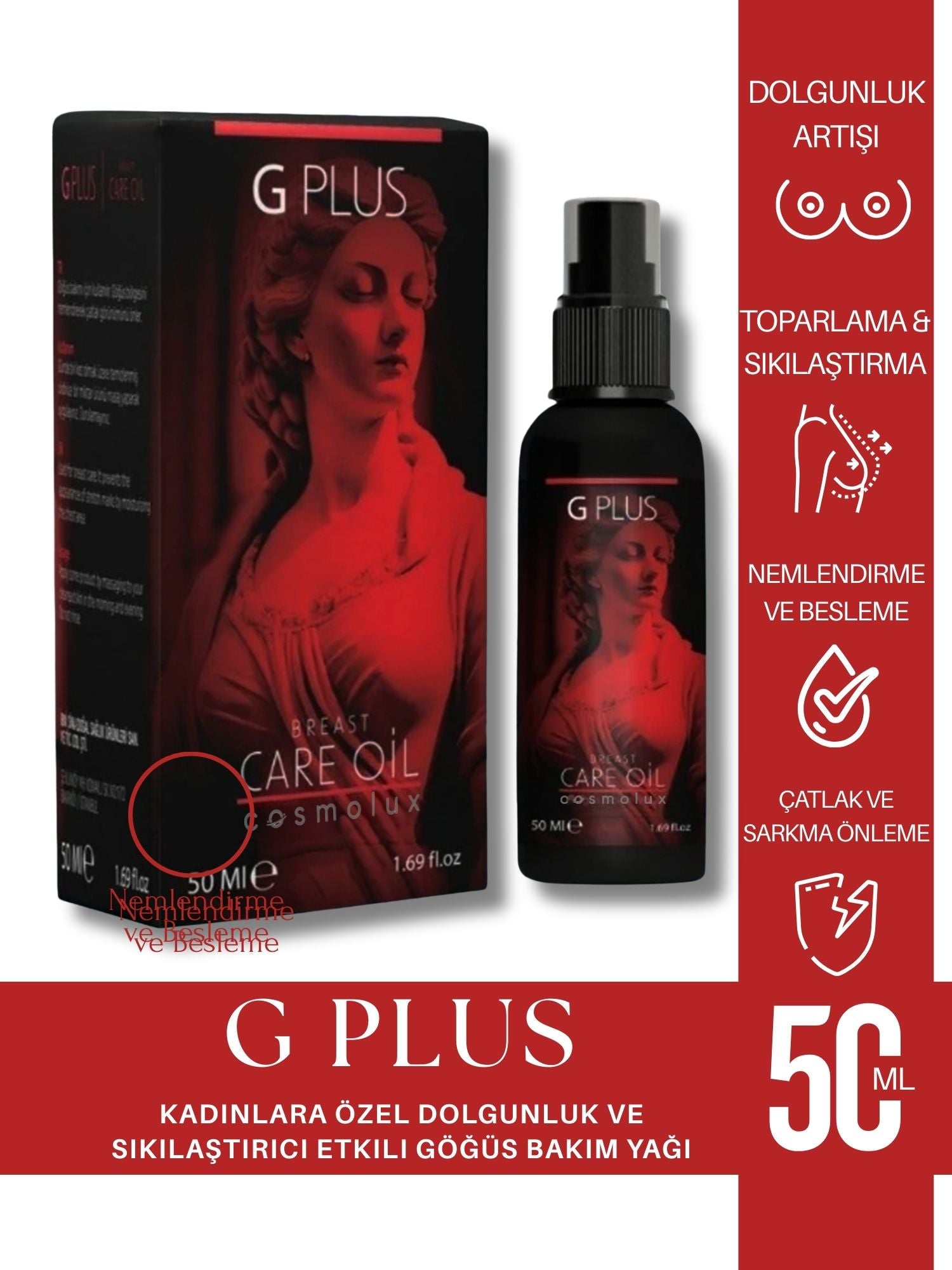 G Plus Kadınlara Özel Dolgunluk ve Sıkılaştırıcı Etkili - Bitkisel Bakım Göğüs Masaj Yağı 50 ml
