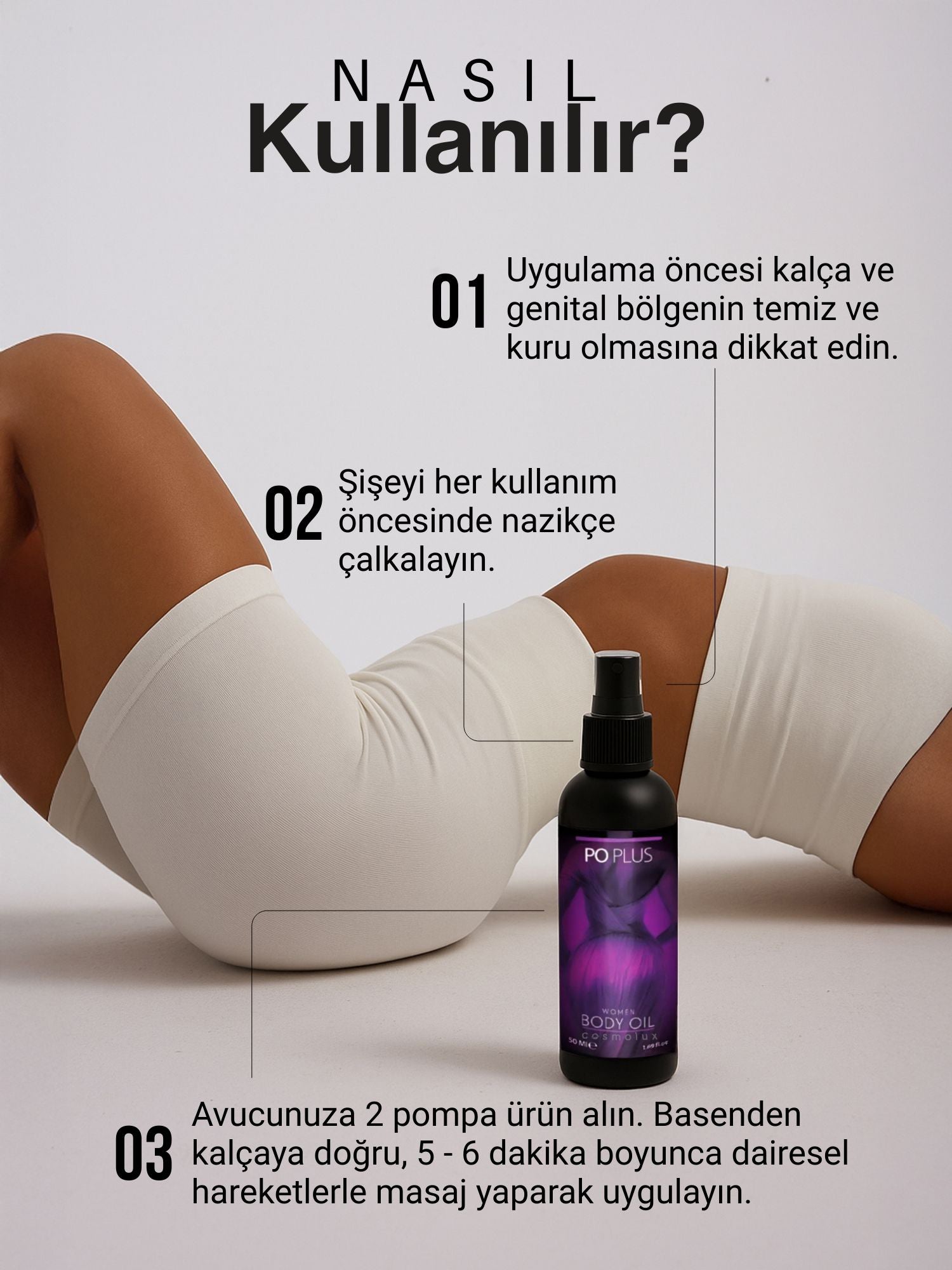 Po Plus Kadınlara Özel Kalça ve Basen Sıkılaştırıcı, Toparlayıcı - Bitkisel Masaj Yağı 50 ml